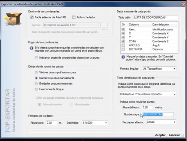 Exporta las coordenadas de los puntos marcados en AutoCAD a un archivo de texto y/o a una tabla en el propio dibujo. Permite identificar los puntos exportados con un identificador, remarcar estos puntos con un recuadro, un circulo, etc.
