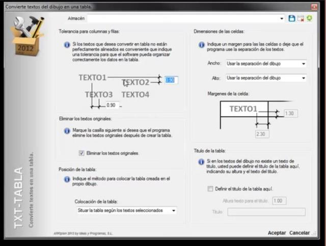 Este comando permite convertir una serie de textos en una tabla estándar de AutoCAD. Permite configurar el aspecto final de la tabla, como: indicar su posición, eliminar o no los textos originales, asjutar el tamaño de las celdas a los textos a un valor 