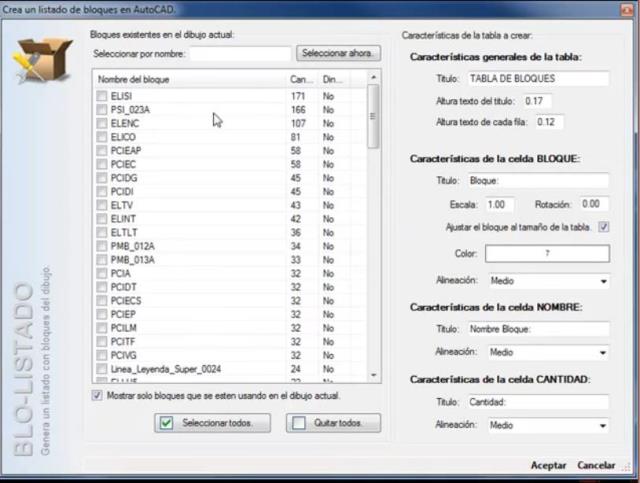 Crea una tabla de bloques con el nº de inserciones de cada uno de los bloques seleccionados en el dibujo. Permite configurar cada columna de la tabla. La tabla es una tabla estándar de AutoCAD.