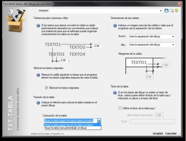 Este comando permite convertir una serie de textos en una tabla estándar de AutoCAD. Permite configurar el aspecto final de la tabla, como: indicar su posición, eliminar o no los textos originales, asjutar el tamaño de las celdas a los textos a un valor 