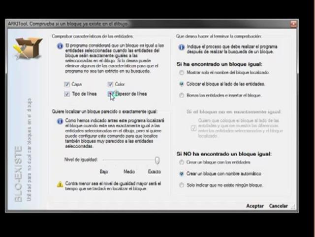 Comprueba si las entidades con las que quiero crear un nuevo bloque ya existen como bloque en la base de datos del dibujo, es decir si ya existe un bloque con la misma geometría definida por las entidades seleccionadas. También podemos configurarlo para 