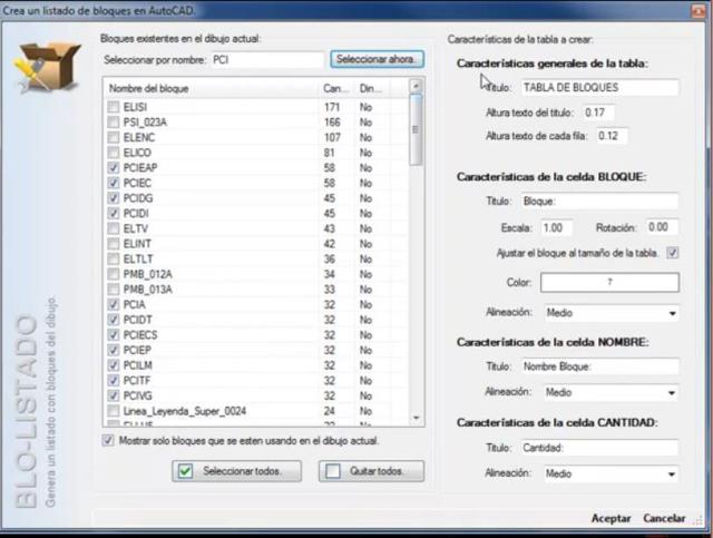 Crea una tabla de bloques con el nº de inserciones de cada uno de los bloques seleccionados en el dibujo. Permite configurar cada columna de la tabla. La tabla es una tabla estándar de AutoCAD.