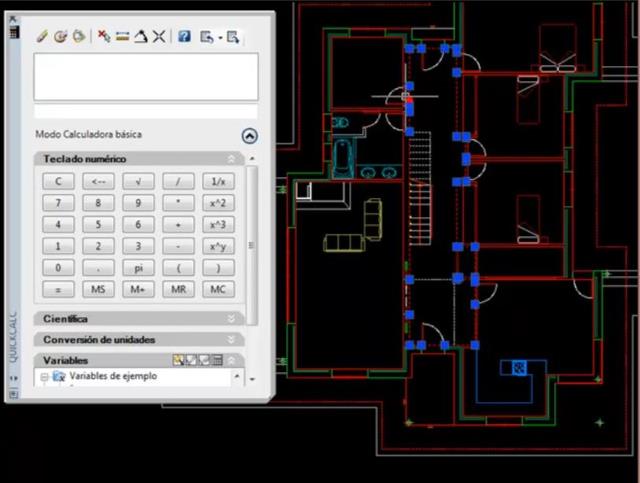 Permite utilizar la calculadora estándard de AutoCAD para realizar operaciones con valores que tengamos escritos en el dibujo en forma de textos o para extraer el área o perímetro de polilíneas, líneas, arcos, etc. También podemos colocar el resultado de