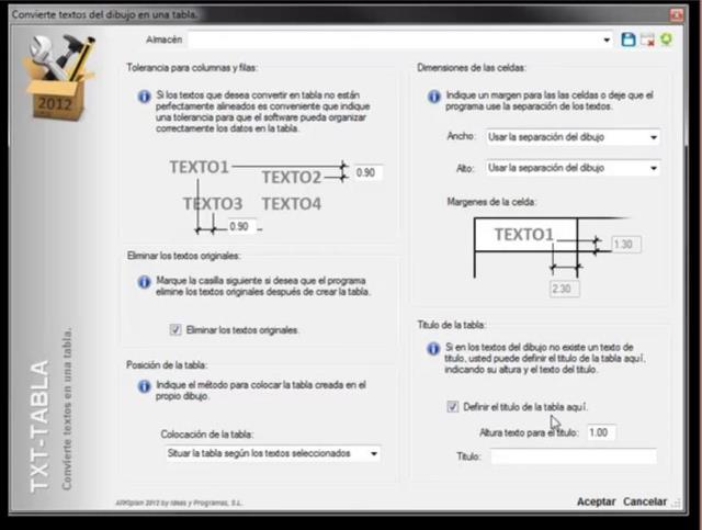Este comando permite convertir una serie de textos en una tabla estándar de AutoCAD. Permite configurar el aspecto final de la tabla, como: indicar su posición, eliminar o no los textos originales, asjutar el tamaño de las celdas a los textos a un valor 