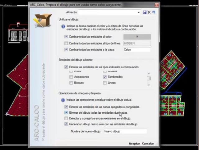 Este comando permite preparar rapidamente un dibujo para ser utilizado como un calco subyacente dentro de AutoCAD. El comando se encarga de cambiar todas las entidades a un determinado color, cambiar las entidades a una sola capa, eliminar los errores de