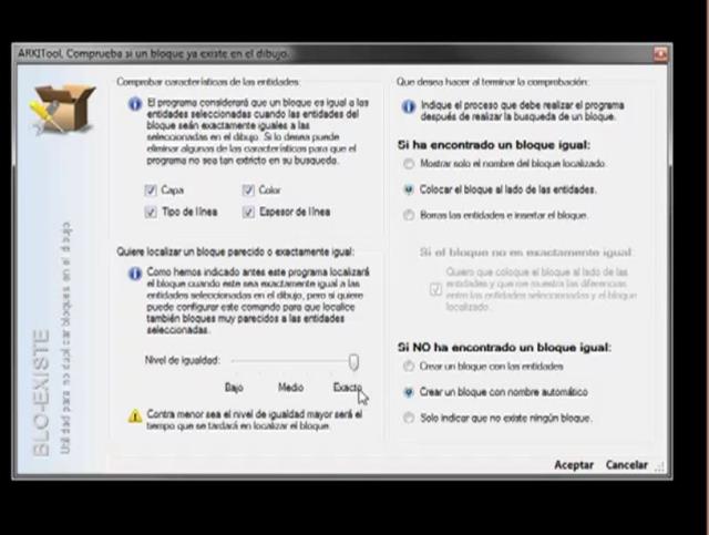 Comprueba si las entidades con las que quiero crear un nuevo bloque ya existen como bloque en la base de datos del dibujo, es decir si ya existe un bloque con la misma geometría definida por las entidades seleccionadas. También podemos configurarlo para 