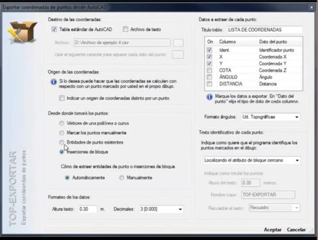 Exporta las coordenadas de los puntos marcados en AutoCAD a un archivo de texto y/o a una tabla en el propio dibujo. Permite identificar los puntos exportados con un identificador, remarcar estos puntos con un recuadro, un circulo, etc.