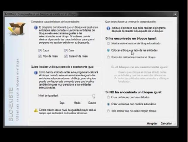Comprueba si las entidades con las que quiero crear un nuevo bloque ya existen como bloque en la base de datos del dibujo, es decir si ya existe un bloque con la misma geometría definida por las entidades seleccionadas. También podemos configurarlo para 