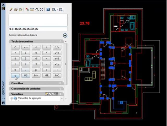 Permite utilizar la calculadora estándard de AutoCAD para realizar operaciones con valores que tengamos escritos en el dibujo en forma de textos o para extraer el área o perímetro de polilíneas, líneas, arcos, etc. También podemos colocar el resultado de