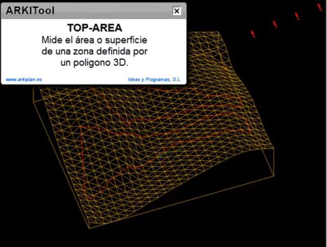 Permite calcular el área de una zona de un terreno 3D definida por medio de una polilínea 3D. También calcula el volumen del terreno de la zona delimitada por la polilíneas 3D.