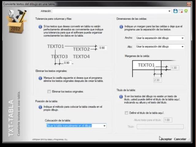 Este comando permite convertir una serie de textos en una tabla estándar de AutoCAD. Permite configurar el aspecto final de la tabla, como: indicar su posición, eliminar o no los textos originales, asjutar el tamaño de las celdas a los textos a un valor 
